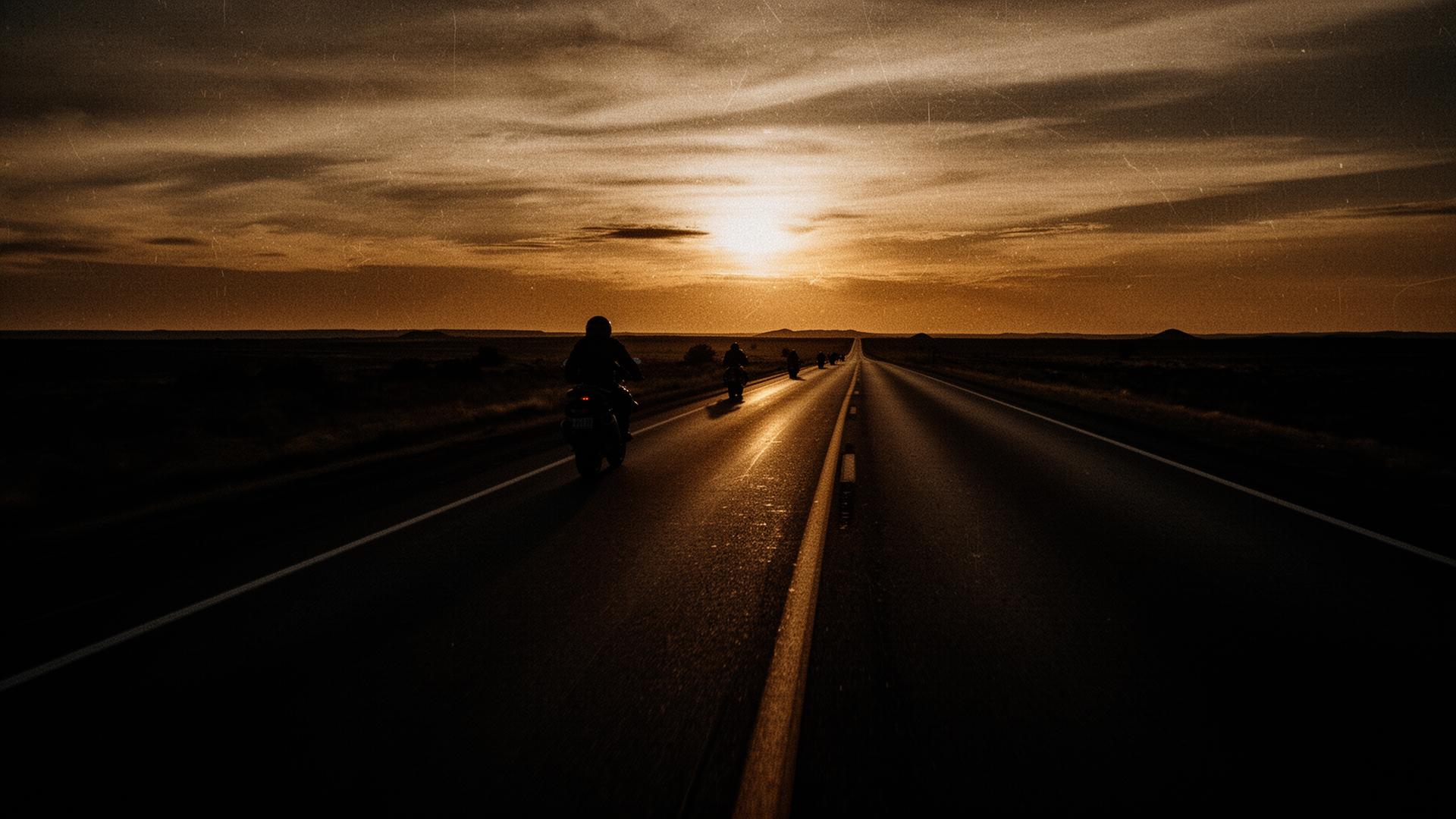 Motorcycles riding on open road at sunset